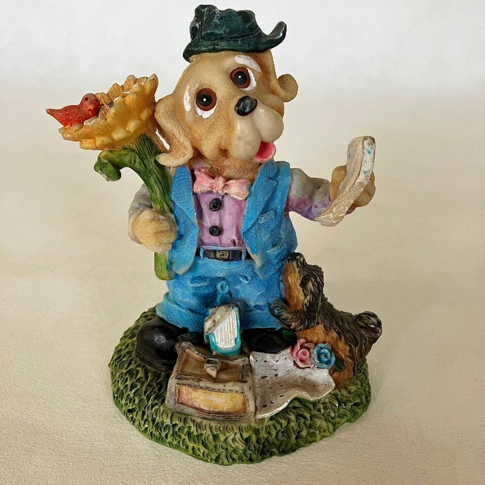Hound Dog Statue Figurine Resin Flower Hat Puppy Painted Animal Pet Blue Green